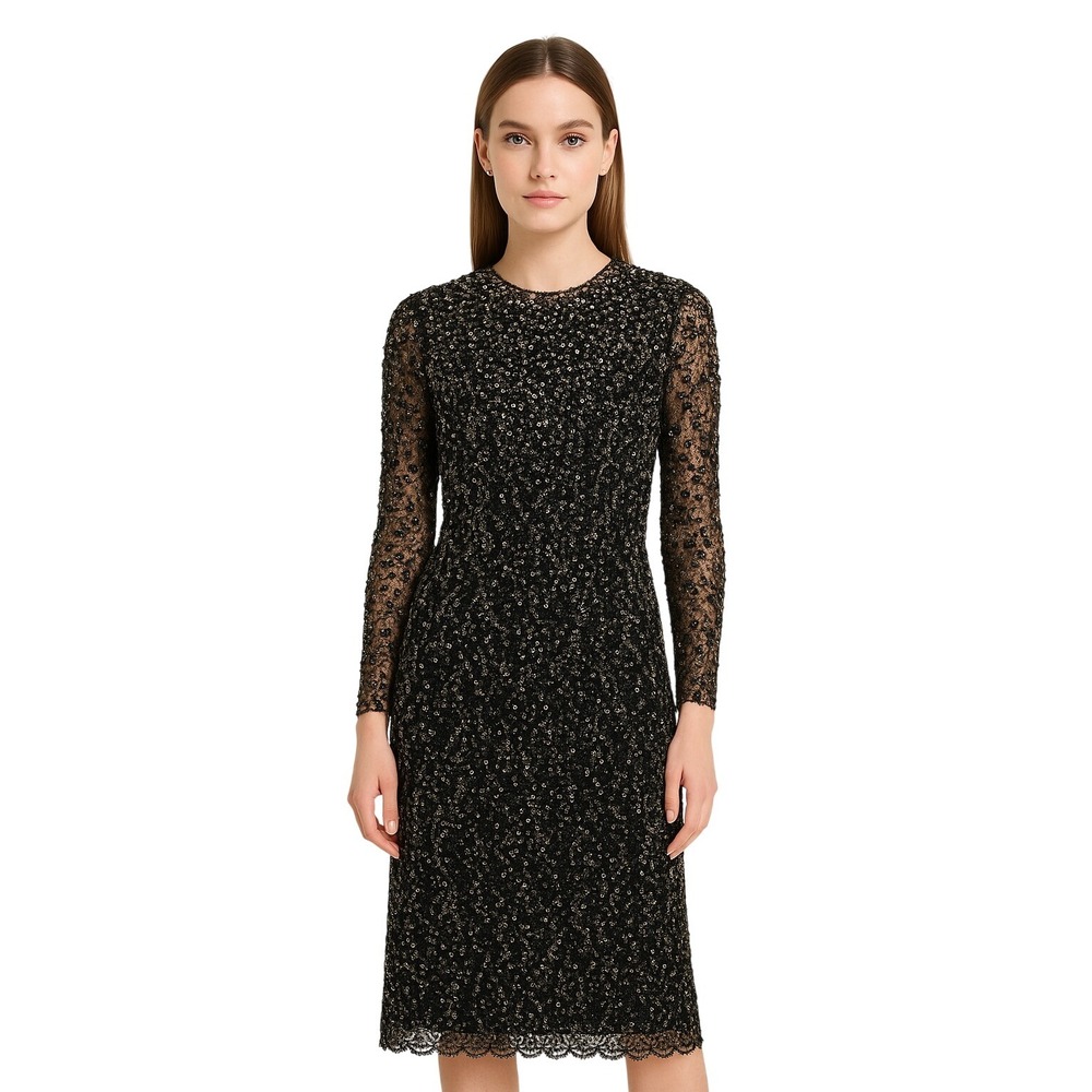 Vintage Beaded Sequin Lace Evening Gown Black Gold Long Sleeve Midi/Tea Dress S